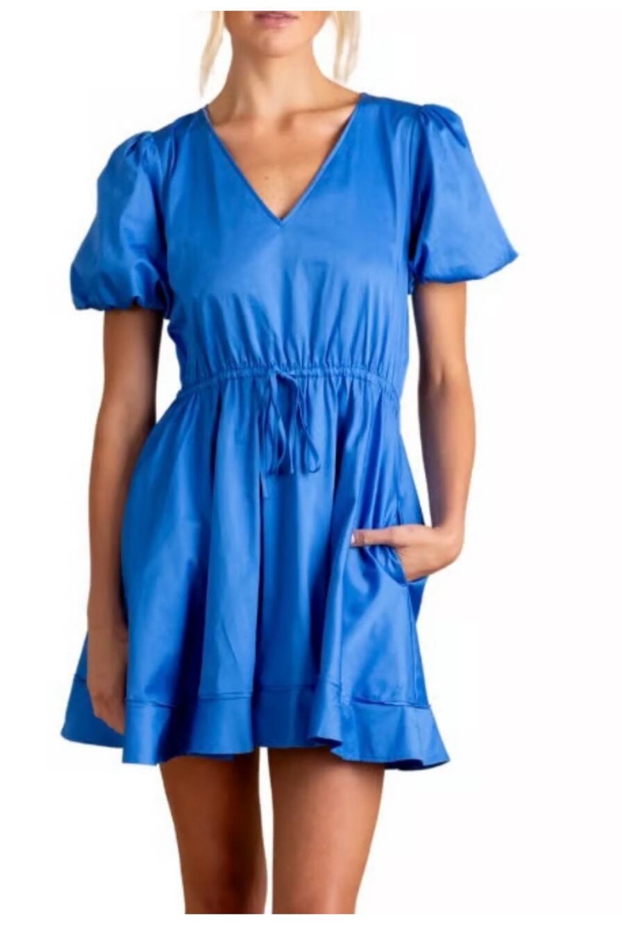 NWT S’Edge Delilah Puff Sleeve Mini Dress Blue Prep Minimalist Stretchy Girly M